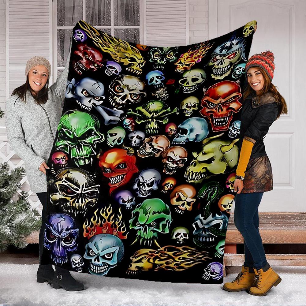 1pc Skull Print Outdoor Flannel Blanket Gift For Boys Girls Adults, Family Friends