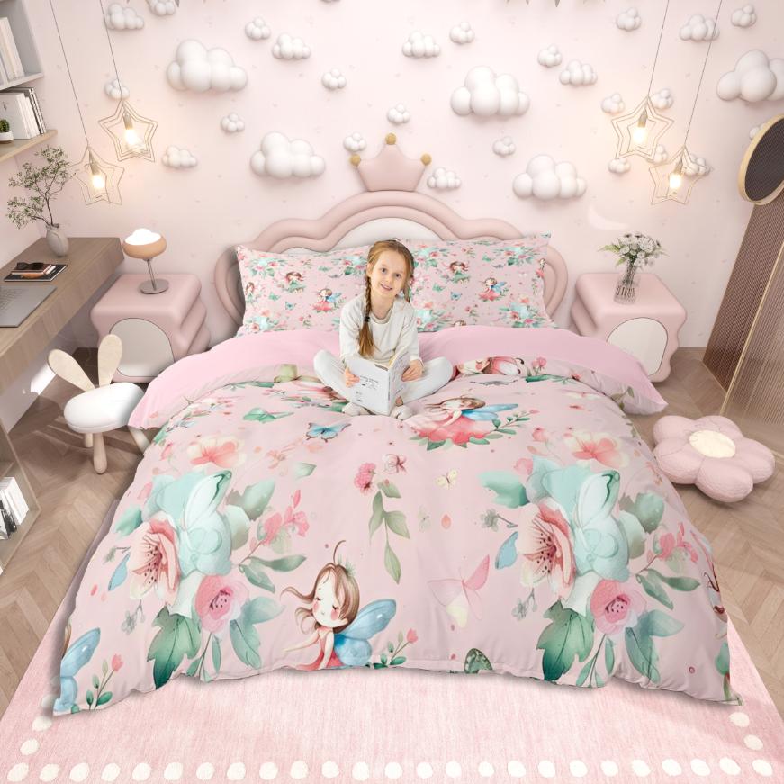 Homewish Милый мультяшный эльф Набор пододеяльника, Шикарный цветочный комплект постельного белья, Розовый фиолетовый белый комплект для девочек