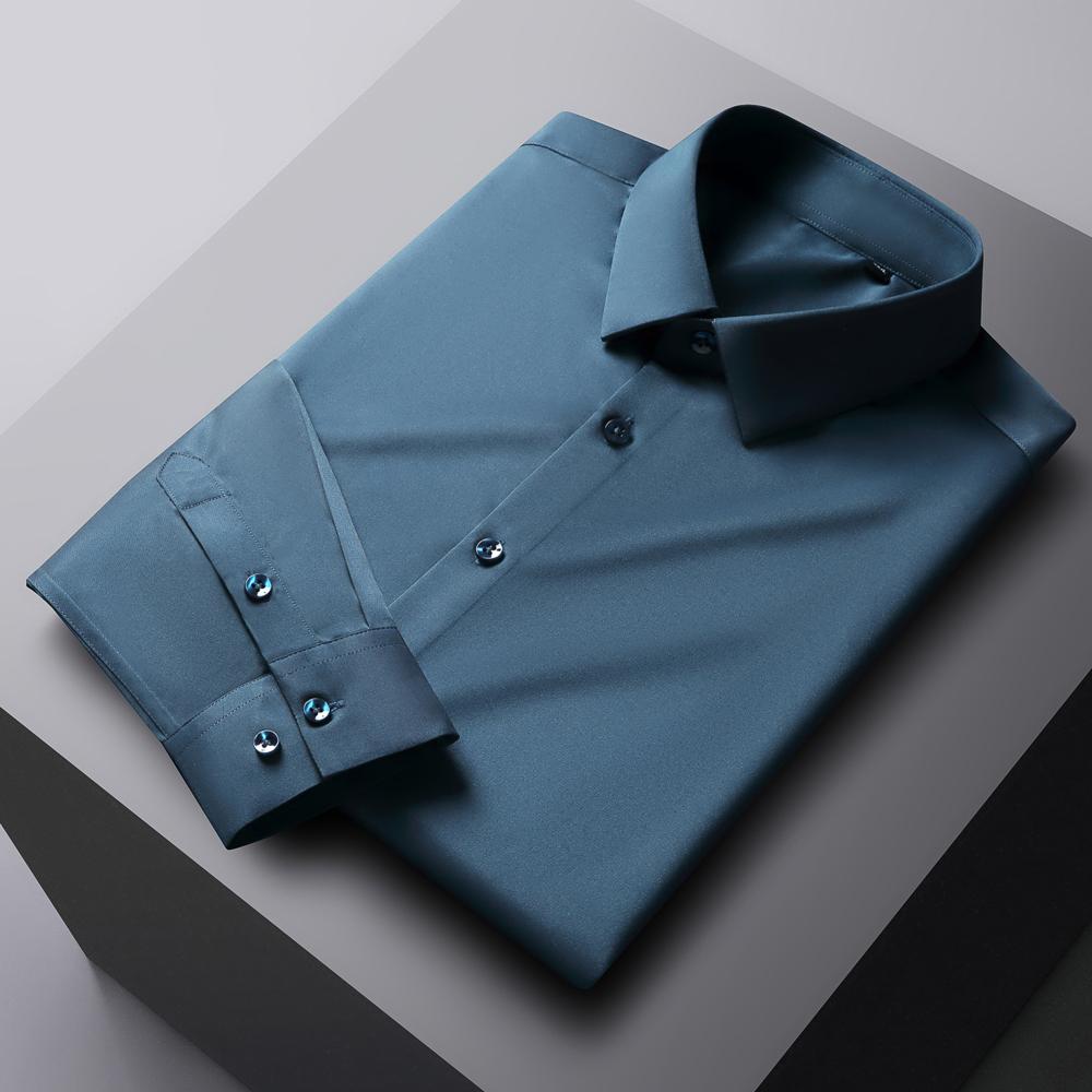 Мужская однотонная немнущаяся рубашка с длинным рукавом и эластичной тканью, шелковисто-гладкая, приятная к коже, простая в уходе, формальная мужская одежда, рубашка на пуговицах