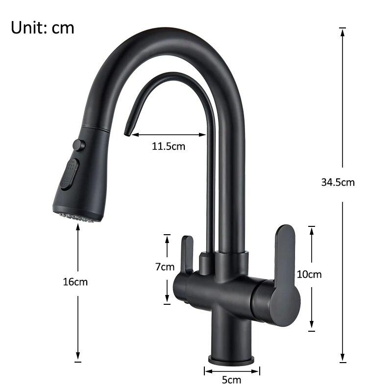 Matte Black Pure Water Kitchen Faucet Dual Handle Hot and Cold Drinking Water Pull Out Kitchen Mixer Taps
