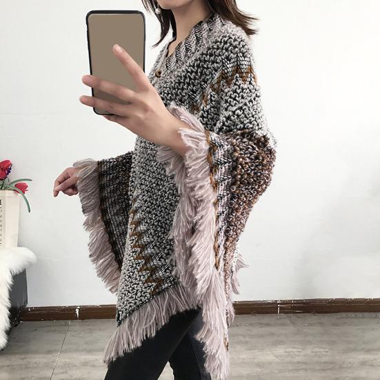 Bohemian Autumn Knitted Coat Knitted Comfy Autumn Winter V Neck Colorful Irregular Hem Cloak Coat Sweater