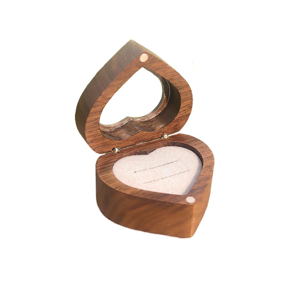 Transparent Cover Walnut Wood Rings Box 2 Slots Rings Bearer Box Simple Heart Rings Holder  Propose