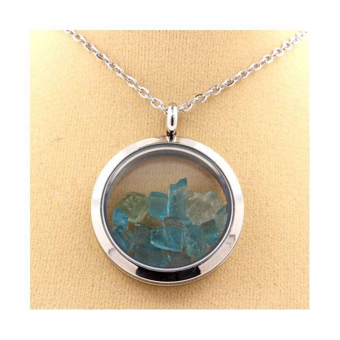 Pierres et Minéraux. Collier Apatite Paraiba brut. Modèle Médaillon 30 mm. Couleur Argent.