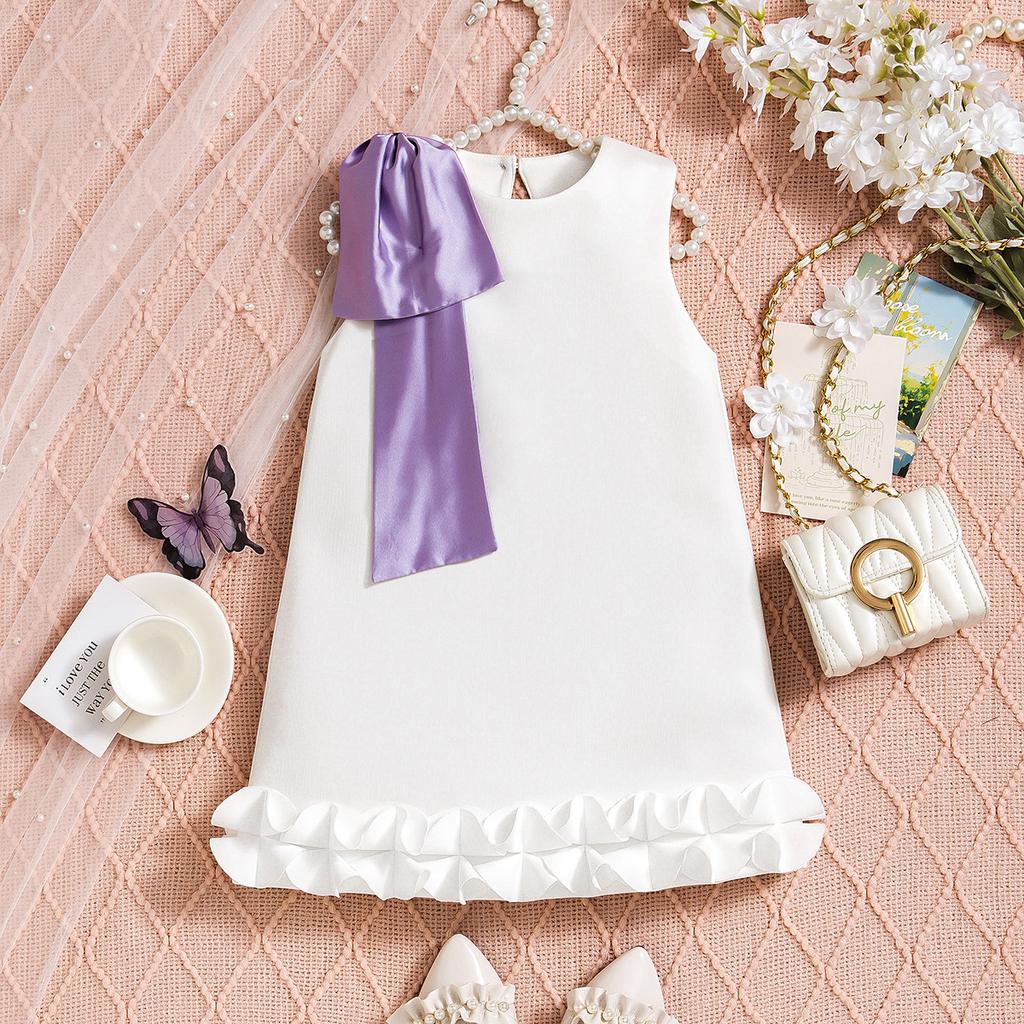 Girls Fashion Dress Summer Children's Round Neck Bow Solid Color Princess Dress