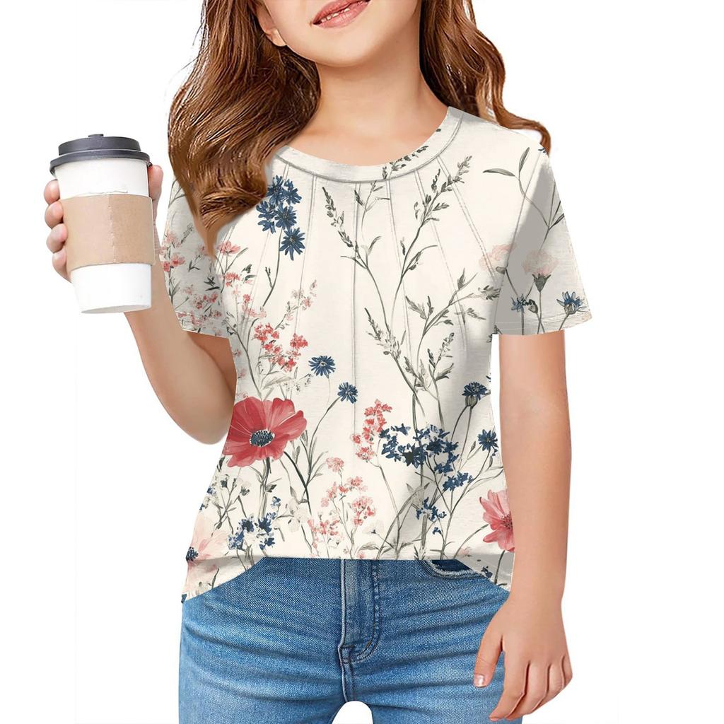 Детская футболка Fold A для девочек, летняя модная куртка с круглым воротником и цветочным принтом с короткими рукавами