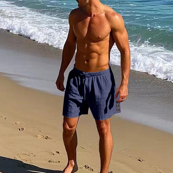 Мужские шорты средней посадки с эластичной талией, регулируемые повседневные шорты на шнурке с карманами, декором на пуговицах, гавайские пляжные шорты