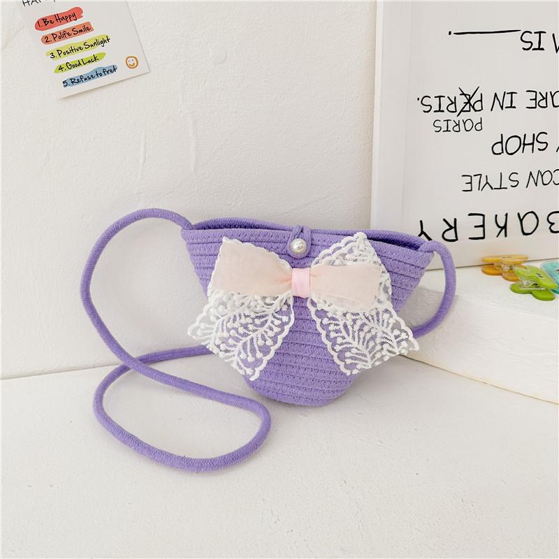 Adorable Korean Style Cartoon Woven Children's Bag With Bowknot And Floral Design