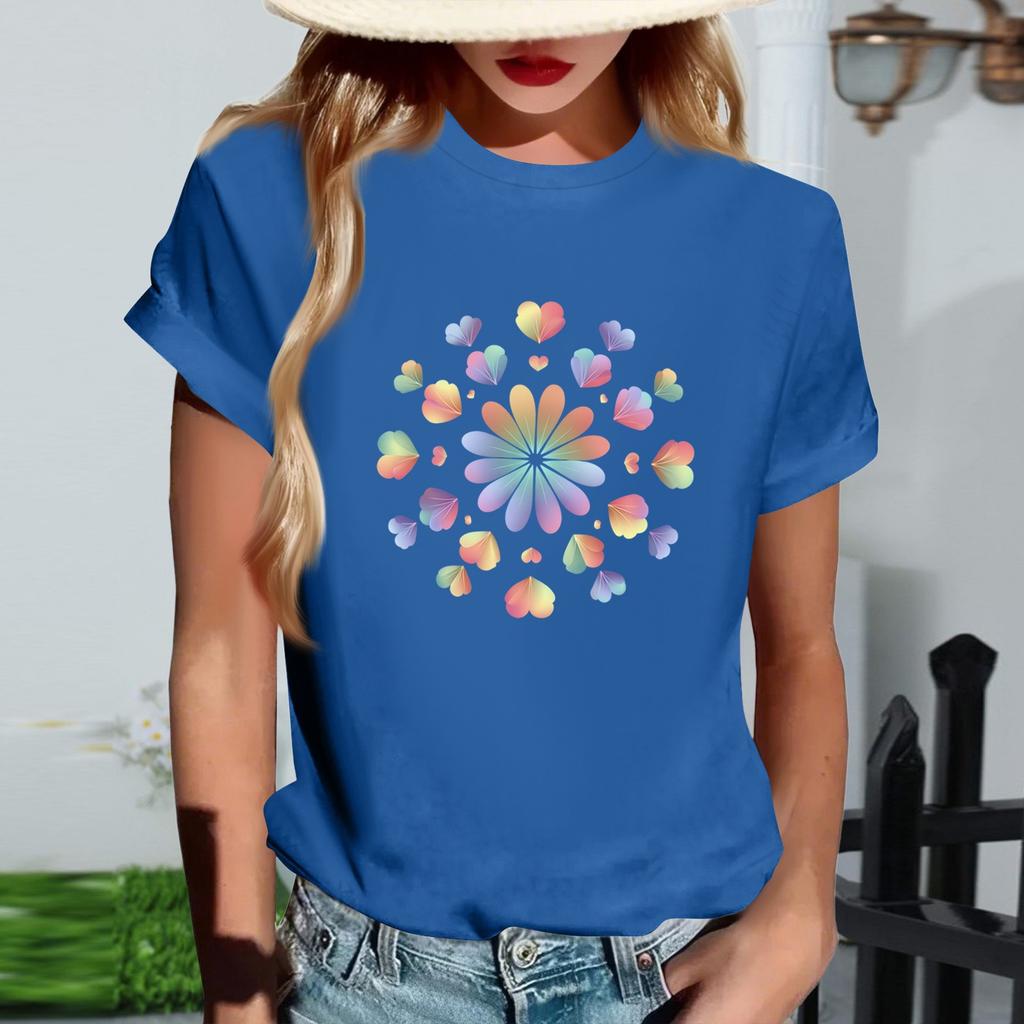 Women's Fashionable Round Neck Casual Retro Print Short Sleeved T-shirt Top