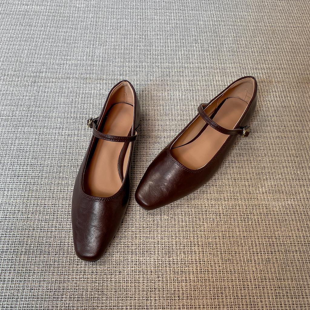 Washed Cowhide~ Retro Ballet Flat-soled Single Shoes Women's Leather Folds with Mary Jane Shoes Temperament Low Heel