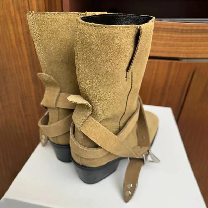 Корейская версия нишевые замшевые ботильоны на толстом каблуке с квадратным носком в стиле вестерн ковбойские ботинки с пряжкой ремня мартинсы короткие ботинки ботильоны женские