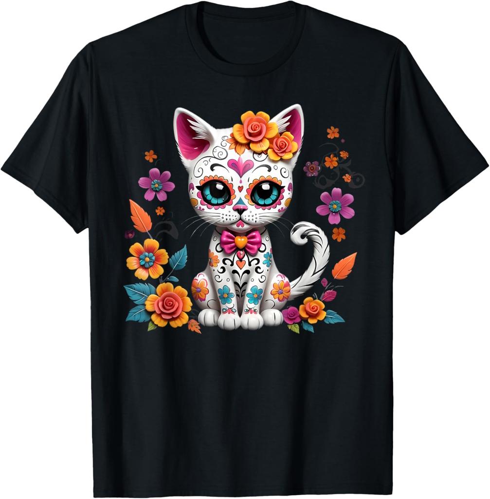 Floral Cat Sugar Skull Day of The Dead Dia De Los Muertos T-Shirt