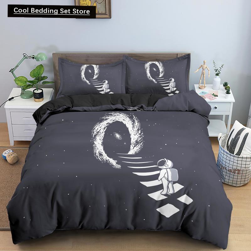 Cartoon Astronaut King Queen Duvet Cover Kawaii Spacecraft Bedding Set for Kids Outer Space Blue 2/3 Pcs Polyester Quilt Cover