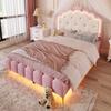 Children's Bed 140x200 Upholstered Bed Girls Crown Princess Headboard 16 Colors LED PU Leather Bed Frame Slatted Frame Pink