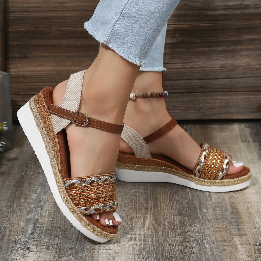 Direct Sales Summer New One-word Strap Weaving Large Size Wedge Heel Platform Women's Sandals