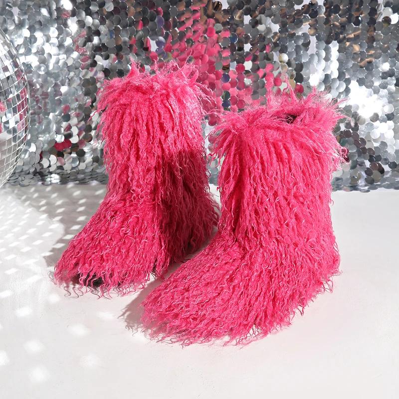 2025 New Winter Furry Shoes Women Teddy Fur Snow Boots Fluffy Faux Wool Plush Warm Fashion Short Boots Ladies Mongolian Boots