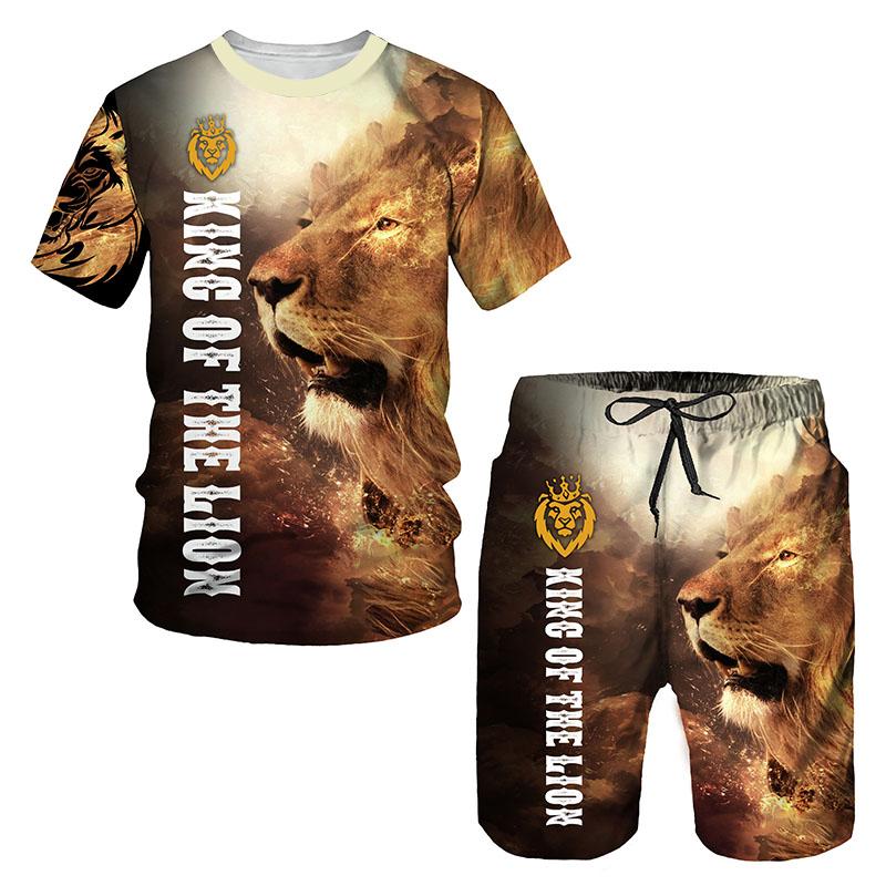 Летний спортивный костюм Ferocious Lion, повседневная мужская футболка с принтом в виде 3D-принта, шорты, мужская спортивная одежда с коротким рукавом, комплект из 2 предметов одежды