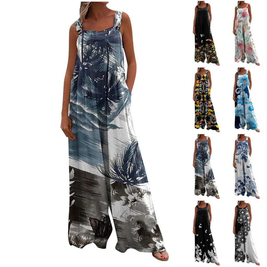 Женский повседневный свободный комбинезон без рукавов с принтом, комбинезон с квадратным вырезом, широкими штанинами и карманами
