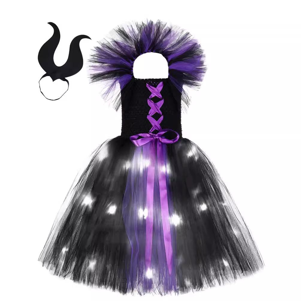 Black Red LED Witch Tutu Full Set, Girls Halloween Masquerade Cosplay Stage Costume