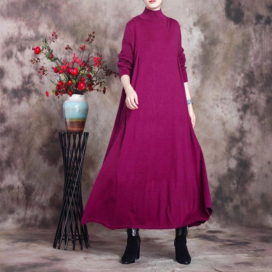 Johnature Women Vintage Knitted Dress Solid Color Half High Collar A-Line Autumn Soft Female Long Dresses