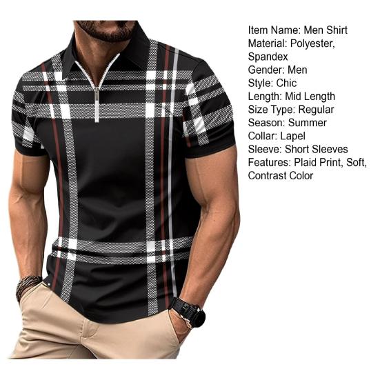Men Shirt Lapel Zipper Color Matching Plaid Striped Print Slim Fit Short Sleeve Pullover
