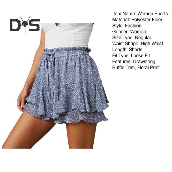 Женские шорты с высокой талией, мини-юбка с оборками, эластичный пояс на шнурке, струящиеся летние шорты из шифона в стиле бохо с цветочным принтом
