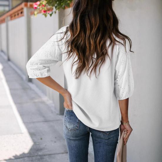 Женская футболка с V-образным вырезом, жаккардовым декором, рукавами 3/4, пуловер, однотонный, свободного кроя, для вечеринки и повседневной носки