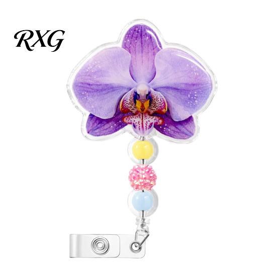 Non-slip Clip Badge Reel for Uniforms Cute Flower Reels, Retractable Nurse with Beaded 360 Degree Rotating Charm, Floral ID Name Card Holder
