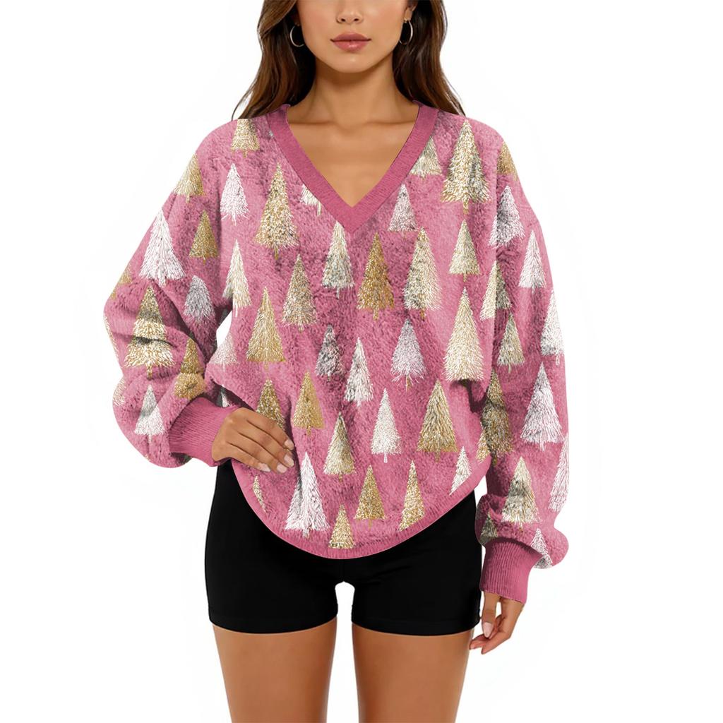 Women's V-Neck Sweatshirt Plush Solid Color Casual Fashion Long Sleeve With Pocketed Pullover Top