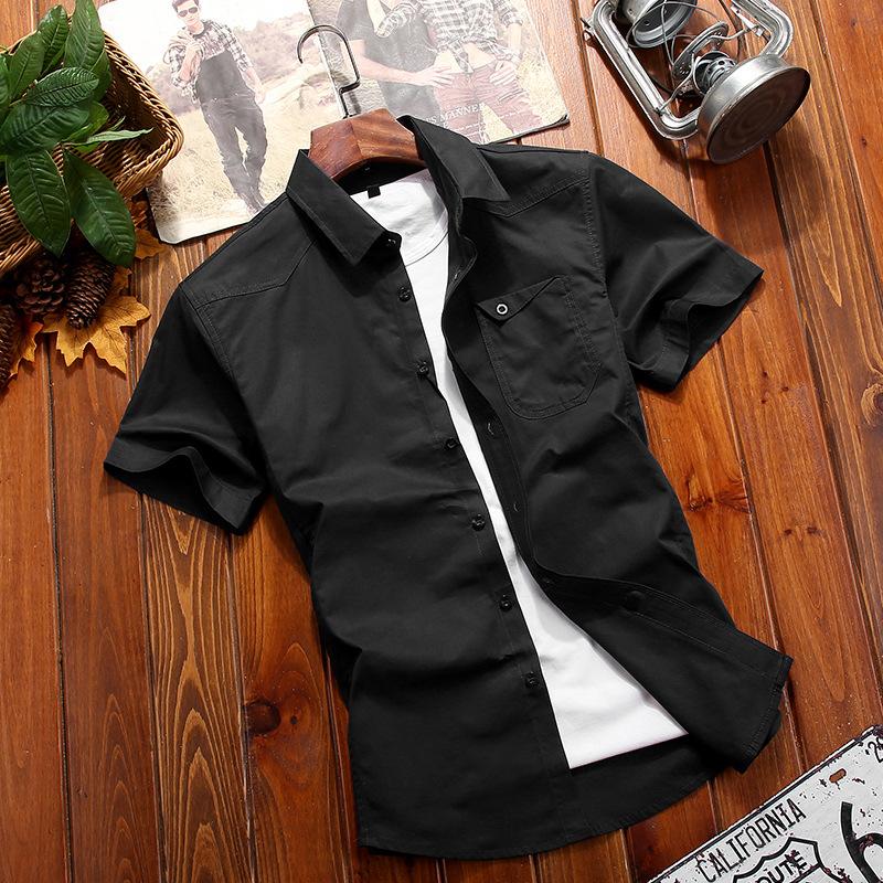 Мужская однотонная рубашка с короткими рукавами Рубашка с короткими рукавами Мужские модные облегающие топы цвета милитари с короткими рукавами Удобные и прочные мужские топы