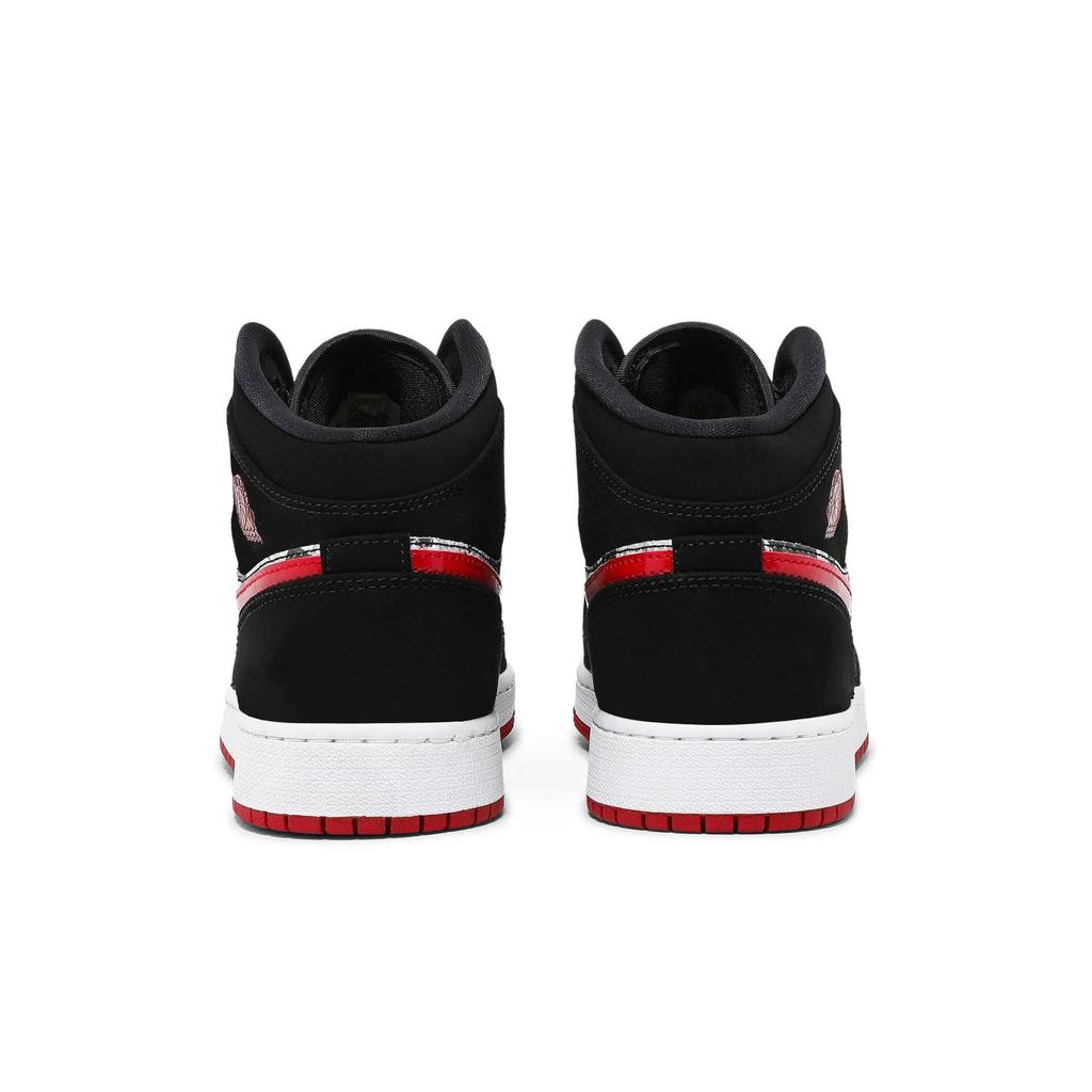Air Jordan 1 Mid SE Grade School 'Newspaper Air Times' (Unisex) Black / Gym Red / White Kids' Basketball Shoes BQ6931 061