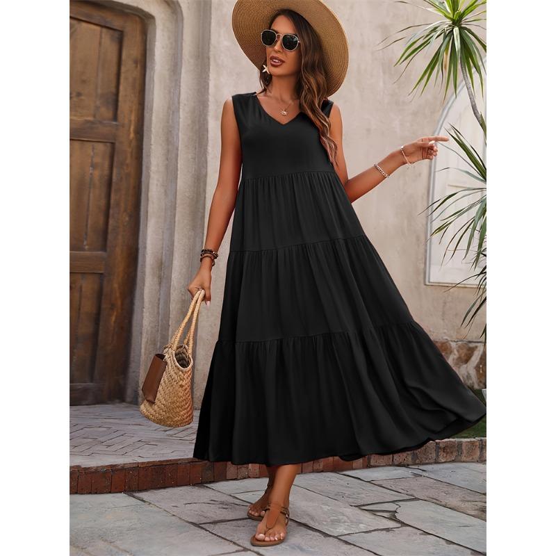 Свободное повседневное платье без рукавов с V-образным вырезом и оборками на подоле для весны и лета, женская одежда