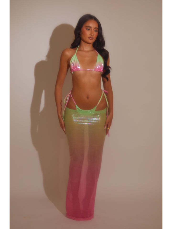 Трендовый градиентный женский купальник-трикини из трех частей с треугольными плавками на завязках