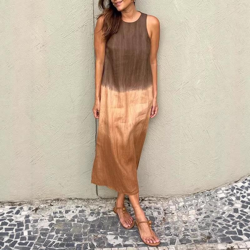 Женское весеннее хлопково-льняное платье миди, градиентный цвет, без рукавов, с боковым разрезом, свободное, повседневное, для отпуска