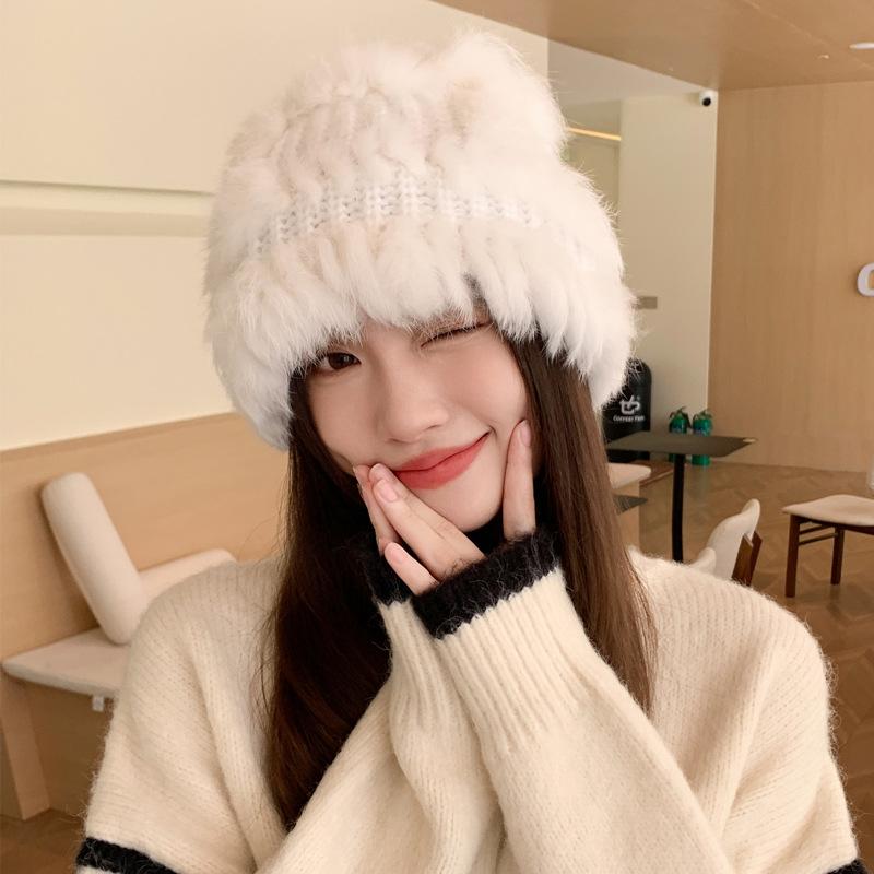 Winter Rabbit Fur Hat Female Face Small Versatile Hairy Bucket Hat Plush Knitted Wool Hat