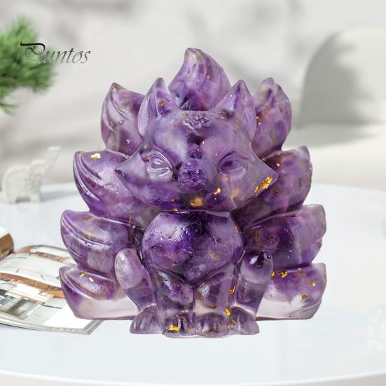 Статуэтка из натурального камня в виде девятихвостой лисы, позитивная целебная энергия, вырезанная вручную из цветного искусственного кристалла, сидящая статуя животного для домашнего офиса и рабочего стола