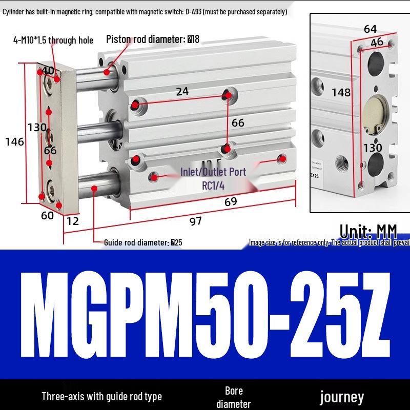 Compact Three-Axis Pneumatic Guided Rod Cylinder 12/16/20/25/32-10/20/40/50/75z