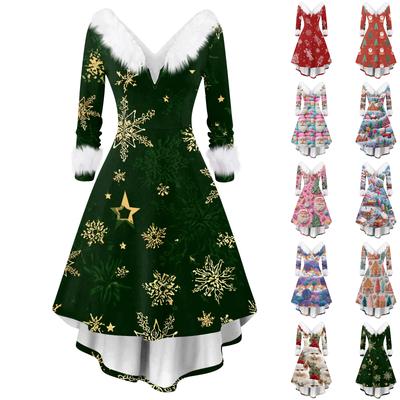 Женское модное повседневное платье с V-образным вырезом и рождественским принтом с длинным рукавом
