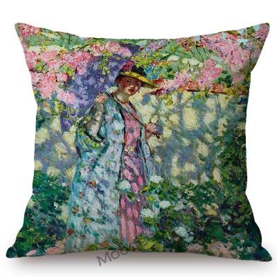 Us Frederick C. Frieseke Impressionism Oil Painting Flower Garden Madame Lady Girl Sofa Pillow Case Green Spring Cushion Cover