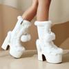 Lovely Lolita Mid-Calf Boots Women's Platform Thick Heels Sweet White Show Party Cosplay Ladies Fur Zipper Boots Pom-pom Pendant