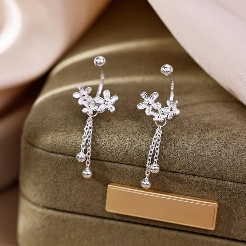 Real 925 Silver Flower Bead Screw Chain Tassel Plant Stud Earrings For Women Cute Fine Jewelry Light Accessories
