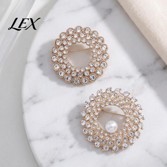 Circle Lapel Pin Hollow Rhinestone Ring Brooch Pin, Bling Daily Wear with Faux Pearl, Men Women Clothing Jewelry Accessories Alloy