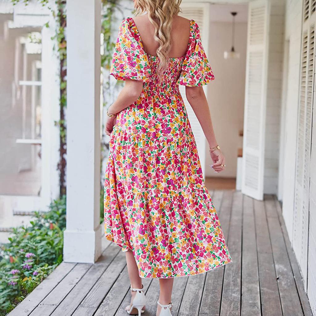 Женское модное платье с квадратным воротником и цветочным принтом, высокой талией, полым пузырем и короткими рукавами, плиссированное платье с принтом сзади