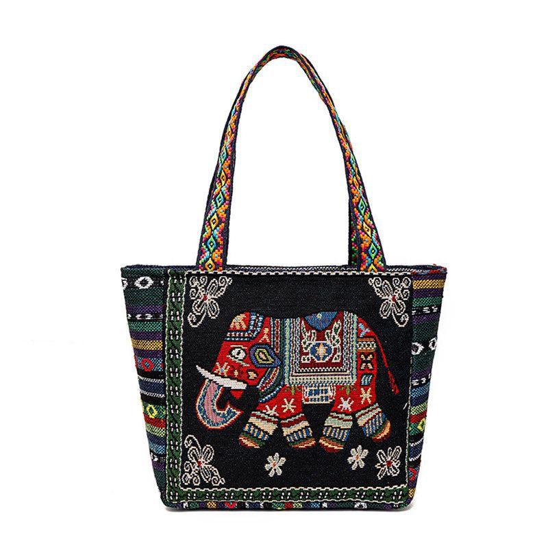New Ethnic Style Shoulder Bag Office Handbag Student Canvas Embroidery Elephant Casual Travel Storage Tote Bag For Women