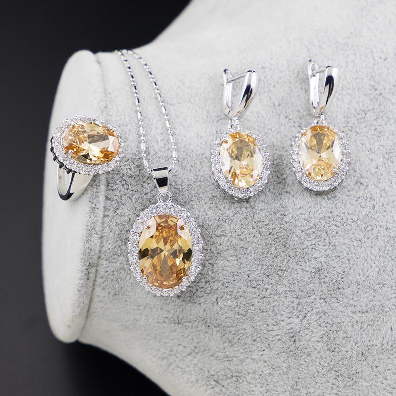 European and American Zircon Jewelry Set Jewelry Ring Necklace Earrings Inlay