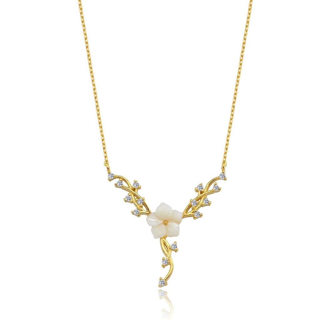 Magnolia and Ivy Gold Color Flowers Silver Necklace