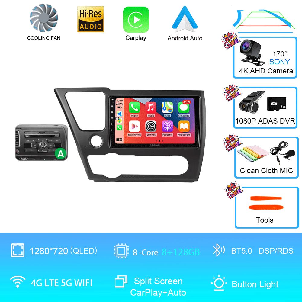 9" QLED 12G 256G Car Radio Android 14 For Honda Civic 9 2013 - 2016 Stereo Wireless Carplay Auto Navigation GPS Multimedia Playe