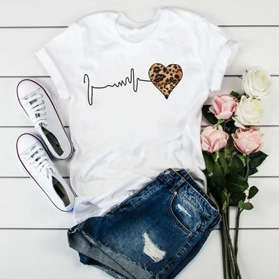 Футболка с принтом «Leopard Heartbeat Harajuku» для женщин, белая, с круглым вырезом и коротким рукавом, уличная одежда, футболки больших размеров, одежда