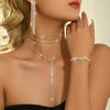 Layered Tassel Choker Necklace Earring Bracelet Set Women Rhinestone Pendant /Gold/Black Fashion OL Style