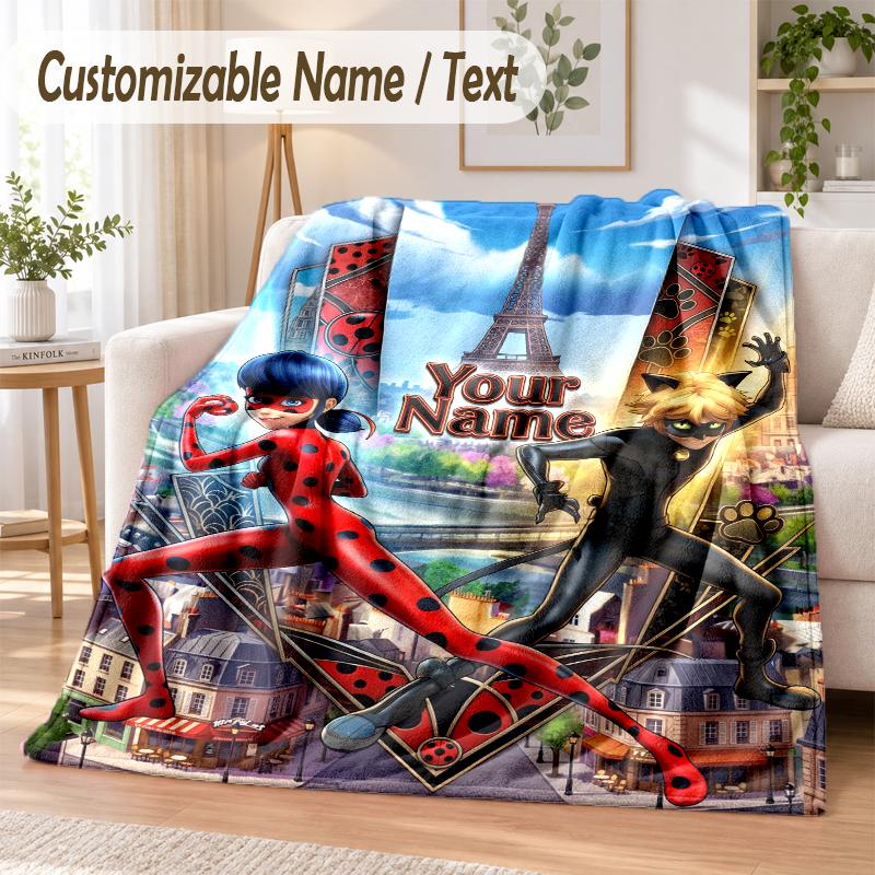 Miraculous Ladybug Custom Name Flannel Throw Blanket Soft Warm for Sofa Bed Indoor Home Use