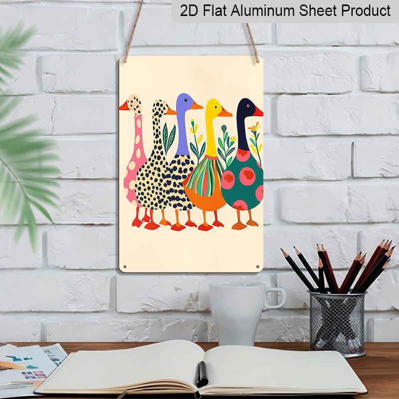 2D Flat 8×12 Inch Colorful Abstract Patterned Ducks Metal Sign - Whimsical Folk Art Style Wall Decor, Aluminum Hanging for Nursery, Living Room or